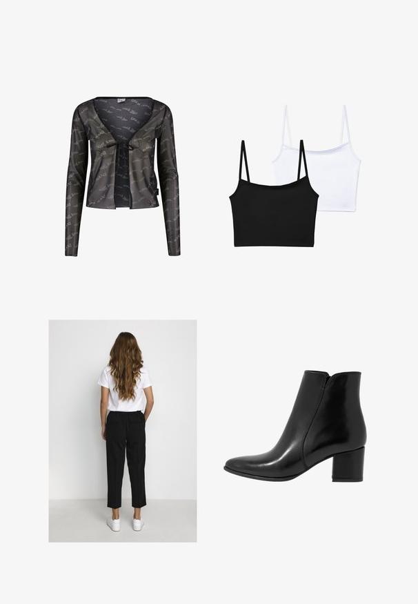 Musta läpinäkyvä neuletakki, jossa on pitkät hihat, syvä V-pääntie, nauhakiinnitys ja kaikessa laajuudessaan "Karl Kani" -logo-kuvio.; Kaksi leikattua toppia: yksi musta ja yksi valkoinen. Valmistettu sileästä kankaasta, jossa on ohuet hihnat ja yksinkertainen, tiukka muotoilu.; Nainen, jolla on pitkät laineikkaat hiukset, pukeutuneena valkoiseen t-paitaan, mustiin lyhyisiin housuihin ja valkoisiin tennareihin, seisoo selin yksinkertaista valkoista seinää kohti.; Anna Field LEATHER - Klassiset nilkkurit - black