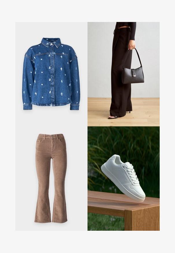 Farkkutakki, jossa on kauluksellinen kaula, vaalean sinisiä kukkakuosia, edessä napit ja pitkät hihat. Kankaan pinta on klassinen sininen pesu.; Ruske flared hlače od kordura s rebrastom teksturom, s visokim strukom, pet džepova i prednjim dugmadi.; Valkoiset tennarit, joissa on sileä synteettinen päällinen, rei'itetty varvasosa, litteät nauhat ja teksturoitu pohja, esillä puupinnalla.; Musta käsilaukku, jossa on rakenteellinen muoto, sileä pinta ja metallinen solki. Yhdistetty leveisiin mustiin housuihin ja avonaiheisiin sandaaleihin puulattialla.