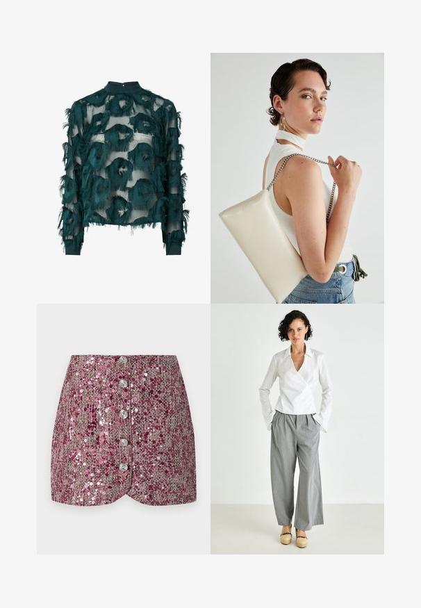 Teal gennemsigtig bluse med teksturerede, frynset cirkulære mønstre, høj halsudskæring og lange ærmer med lige kant. Bageste nøglehulslukning.; Lyserød palietskørt med en struktureret vævning, der har et tætsiddende design og fem sølvknapper fortil. Formet kant og glitrende detaljer.; Hvid bluse med krave, kombineret med grå stribede bredde ben bukser og tan platform sko. Glat stof og afslappet pasform.; Hvid rektangulær clutch-taske lavet af skinnende materiale, med en sølv kædetransport. Modellen poser, mens hun fremviser tasken mod en ensfarvet baggrund.