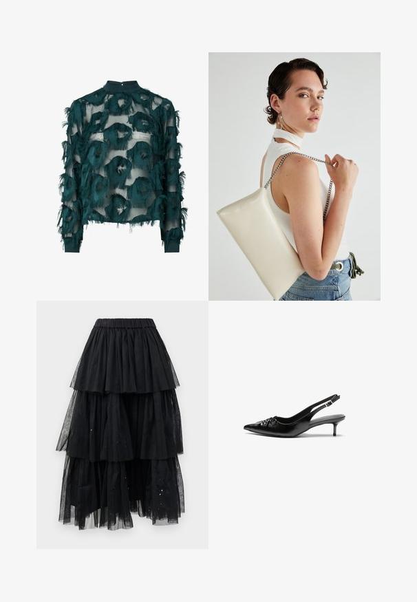 Mėlynos spalvos skaidri palaidinė su tekstūruotais, suplėšytais apvaliais raštais, aukštu kaklu ir ilgomis rankovėmis su tiesia apačia. Nugaros užsegimas su keyhole detalėmis.; Sluoksniuota juoda tiulio sijonas su elastinga juosmens juosta ir kaskadinio dizaino, turinčio skirtingus ilgumus bei šviesius blizgučius.; Juodos odinės slingback aukštakulniai su smailiu nosiu, mažais katės kulnais ir dekoratyvine mazgo detale priekyje. Visas paviršius lygus.; Balta, stačiakampio formos rankinė pagaminta iš blizgaus medžiagos, su sidabriniu virvute. Modelis pozavo, demonstruodamas rankinę prieš paprastą foną.