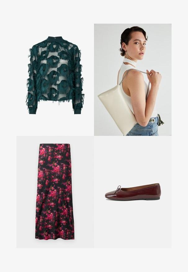 Teal gennemsigtig bluse med teksturerede, frynset cirkulære mønstre, høj halsudskæring og lange ærmer med lige kant. Bageste nøglehulslukning.; Blomstermidi-nederdel i sort med et livligt mønster af pink og røde blomster. Glat stof, A-formet silhuet med en bred kant.; Bordeaux patentlæder balletflad med rund tå, lille sløjfeaccent foran og en lav, sort gummisål. Glat tekstur.; Hvid rektangulær clutch-taske lavet af skinnende materiale, med en sølv kædetransport. Modellen poser, mens hun fremviser tasken mod en ensfarvet baggrund.