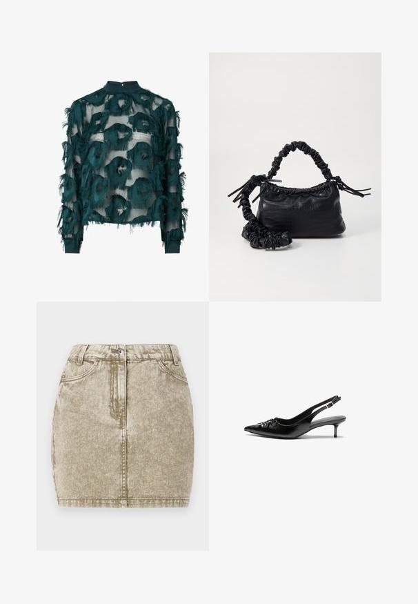 Tyrkysová priesvitná blúzka s textúrovanými, roztrhnutými kruhovými vzormi, vysokým výstrihom a dlhými rukávmi s rovnomerným lemom. Zapínanie na kľúčovú dierku na chrbte.; Khaki džínsová sukňa s textúrovaným povrchom, piatimi vreckami, predným zapínaním na gombík a prešívaním pozdĺž okrajov.; Čierne kožené slingback podpätky s ostrou špičkou, malým podpatkom a dekoratívnym uzlom vpredu. Hladký povrch po celom obvode.; Čierna umelá kožená kabelka s kroko vzorom, sťahovaným vrchom a zhnutým popruhom. Vyzerá mäkko a kompaktné v dizajne.