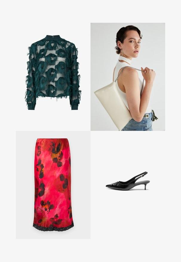 Tyrkysová priesvitná blúzka s textúrovanými, roztrhnutými kruhovými vzormi, vysokým výstrihom a dlhými rukávmi s rovnomerným lemom. Zapínanie na kľúčovú dierku na chrbte.; Satinová midi sukňa s ružovým akvarelovým kvetinovým vzorom a čiernymi akcentami, s čipkovým lemom na spodnej časti. Hladká textura, priliehavý silueta.; Čierne kožené slingback podpätky s ostrou špičkou, malým podpatkom a dekoratívnym uzlom vpredu. Hladký povrch po celom obvode.; Biely obdĺžnikový kabelka z lesklého materiálu s strieborným reťazovým popruhom. Model predvádza kabelku na jednotnom pozadí.