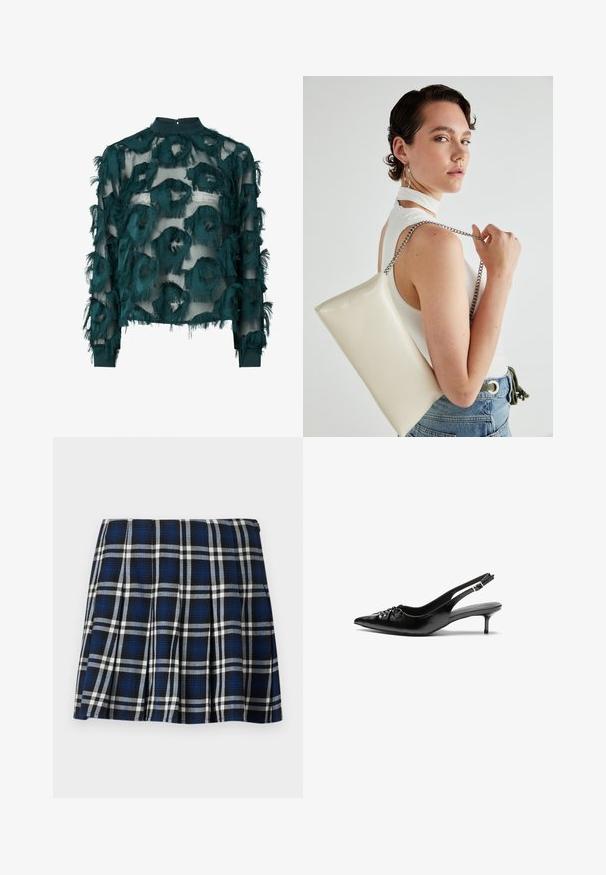 Blusa azul-teal translúcida com padrões circulares texturizados e desfiados, decote alto e mangas longas com bainha reta. Fecho em gota nas costas.; Saia mini xadrez nas cores azul marinho, preta e branca. Apresenta pregas e uma textura suave. Fechamento com zip no lado.; Sapatos de salto alto slingback em couro preto com bico fino, pequeno salto kitten e um detalhe decorativo em forma de nó na parte da frente. Textura suave em toda a parte.; Bolsa de mão retangular branca, feita de material brilhante, com uma alça em corrente prateada. Modelo posa, exibindo a bolsa contra um fundo simples.