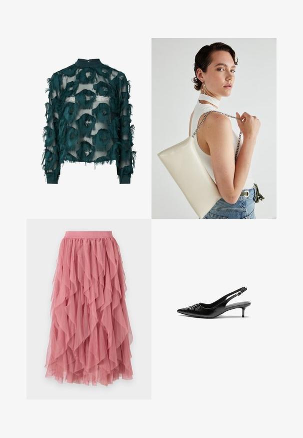 Mėlynos spalvos skaidri palaidinė su tekstūruotais, suplėšytais apvaliais raštais, aukštu kaklu ir ilgomis rankovėmis su tiesia apačia. Nugaros užsegimas su keyhole detalėmis.; Rožinė sluoksniuota sijonas, pagamintas iš lengvos medžiagos su raukšlių dizainu. Pabrėžia elastinę juosmenį ir siekia pusiau telšius.; Juodos odinės slingback aukštakulniai su smailiu nosiu, mažais katės kulnais ir dekoratyvine mazgo detale priekyje. Visas paviršius lygus.; Balta, stačiakampio formos rankinė pagaminta iš blizgaus medžiagos, su sidabriniu virvute. Modelis pozavo, demonstruodamas rankinę prieš paprastą foną.