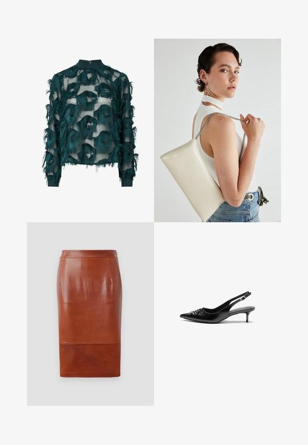 Teal prozirna bluza s teksturiranim, izfrcanim kružnim uzorcima, visokim ovratnikom i dugim rukavima s ravnim rubom. Zatvaranje na leđima s rupom.; Smeđa kožna olovka suknja s glatkom teksturom, do koljena dugačka i s suptilnim sjajem. Ima uski pojas i bočne džepove.; Crne kožne sandale na petu s ikkrenim nosom, malom kitten petom i dekorativnom mašnom sprijeda. Glatka tekstura svuda.; Bijela pravokutna torbica s kopčanjem, izrađena od sjajnog materijala, s srebrnim lančićem. Model pozira, prikazujući torbicu na jednostavnoj pozadini.