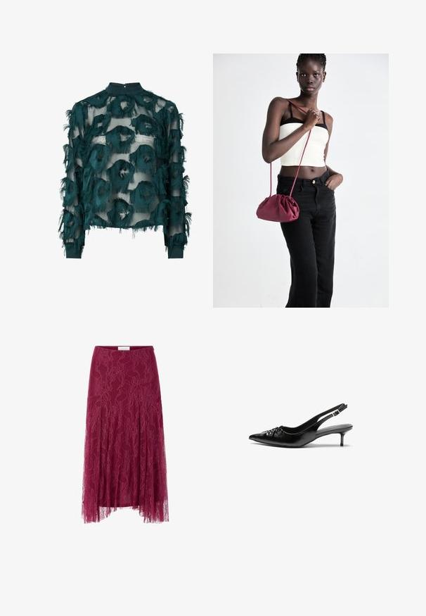 Turkusowa, przezroczysta bluzka z teksturowanymi, postrzępionymi okrągłymi wzorami, z wysokim dekoltem i długimi rękawami z prostym wykończeniem. Zamek na plecach w kształcie łezki.; Bordowa spódnica z koronką, z kwiatowym wzorem, przezroczystą tkaniną wierzchnią i plisowanym wzorem. Posiada dopasowaną talię i swobodny krój.; Czarne skórzane szpilki na ramiączku z ostrym noskiem, małym słupkiem i ozdobnym węzłem z przodu. Gładka faktura na całej powierzchni.; Burgundowa torba na ramię z miękkiego materiału, z marszczonym wzorem i długim paskiem, noszona na krzyż. Modelka nosi białą bluzkę crop top i czarne dżinsy.