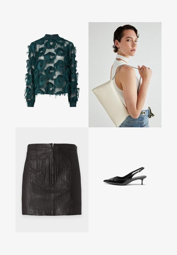 Mėlynos spalvos skaidri palaidinė su tekstūruotais, suplėšytais apvaliais raštais, aukštu kaklu ir ilgomis rankovėmis su tiesia apačia. Nugaros užsegimas su keyhole detalėmis.; Juoda odinė mini sijonas su priekiniais užtrauktukais ir subtiliais vertikalių siūlių detalėmis ant vientisos fono.; Juodos odinės slingback aukštakulniai su smailiu nosiu, mažais katės kulnais ir dekoratyvine mazgo detale priekyje. Visas paviršius lygus.; Balta, stačiakampio formos rankinė pagaminta iš blizgaus medžiagos, su sidabriniu virvute. Modelis pozavo, demonstruodamas rankinę prieš paprastą foną.