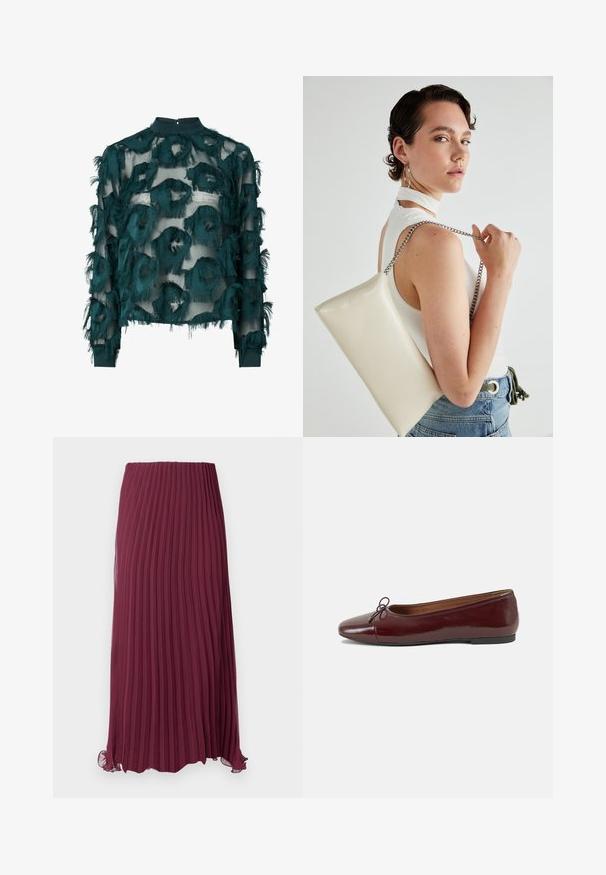 Tirkīza plāna blūze ar tekstūrētu, saplaisājušu apļveida rakstu, augstu apkakli un garām piedurknēm ar taisnu apakšmalu. Aizmugurējā atslēgas cauruma aizdare.; Garšīga burgundijas krāsas plisēta svārku made of viegls audums ar elastīgu jostu un nedaudz kroku apakšmalu. Tekstūras vertikālās plisējumus visā.; Burgundijas laku ādas baleta kurpes ar noapaļotu purngalu, nelielu loku akcentu priekšā un zemu melnu gumijas zoli. Gluda tekstūra.; Balts taisnstūra clutch soma, izgatavota no spīdīga materiāla, ar sudraba ķēdes siksnu. Modelis pozē, demonstrējot somu uz vienkārša fona.