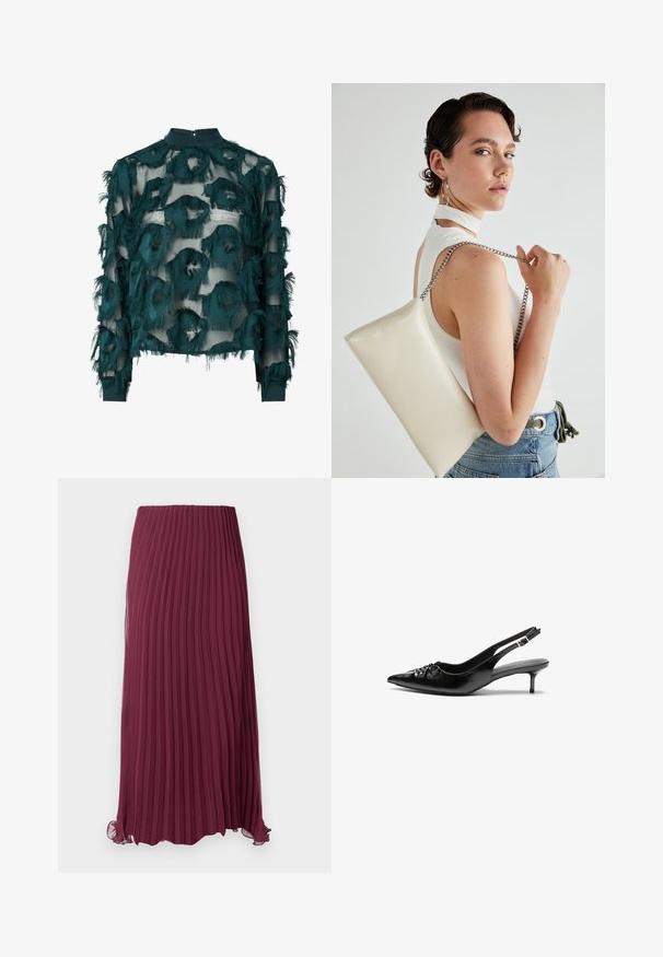 Tyrkysová priesvitná blúzka s textúrovanými, roztrhnutými kruhovými vzormi, vysokým výstrihom a dlhými rukávmi s rovnomerným lemom. Zapínanie na kľúčovú dierku na chrbte.; Dlhá burgundská plisovaná sukňa vyrobená z ľahkej tkaniny s elastickým pásom a mierne riaseným lemom. Textúrované vertikálne plisovanie po celej ploche.; Čierne kožené slingback podpätky s ostrou špičkou, malým podpatkom a dekoratívnym uzlom vpredu. Hladký povrch po celom obvode.; Biely obdĺžnikový kabelka z lesklého materiálu s strieborným reťazovým popruhom. Model predvádza kabelku na jednotnom pozadí.