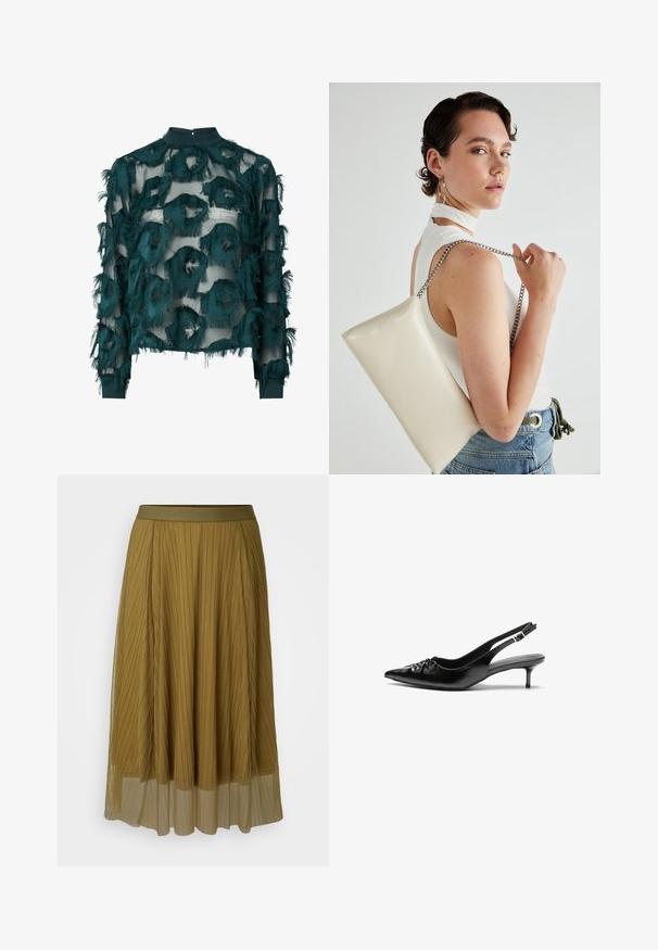 Turkizna prosojna bluzica s teksturiranim, izfrcanim okruglim uzorcima, visokim ovratnikom i dugim rukavima s ravnim rubom. Zatvaranje na ključanici na leđima.; Plisejena olivnozeleno krilo s trdnim pasom in prosojno spodnjo plastjo. Ima navpične plise po celotni dolžini.; Črne usnjene slingback pete z izostrenim nosom, majhno mačje peto in okrasno vozličasto podrobnostjo na sprednjem delu. Gladka tekstura po celotni površini.; Bela pravokotna torbica za ključe iz sijajnega materiala, opremljena s srebrno verižico. Model pozira in prikazuje torbico na enobarvni podlagi.