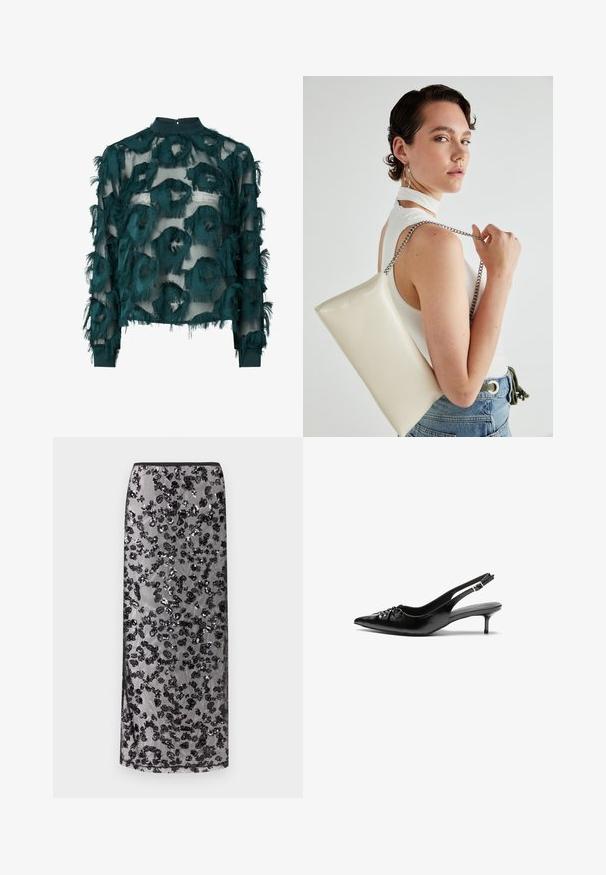Turkizna prosojna bluzica s teksturiranim, izfrcanim okruglim uzorcima, visokim ovratnikom i dugim rukavima s ravnim rubom. Zatvaranje na ključanici na leđima.; Dolga črna krilo z zračnim prekrivanjem, okrašeno z razpršenimi črnimi cvetličnimi vzorci iz bleščic, na nevtralnem ozadju.; Črne usnjene slingback pete z izostrenim nosom, majhno mačje peto in okrasno vozličasto podrobnostjo na sprednjem delu. Gladka tekstura po celotni površini.; Bela pravokotna torbica za ključe iz sijajnega materiala, opremljena s srebrno verižico. Model pozira in prikazuje torbico na enobarvni podlagi.