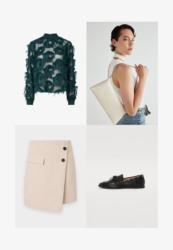 Zöldes-kék áttetsző blúz texturált, bolyhos körívekkel, magas nyakkivágással és hosszú ujjal, egyenes alsó résszel. Hátul gombos záródással.; Beige rakott szoknya texturált anyagból, oldalsó zsebbel, két fekete gombbal és enyhén ívelt szegéllyel.; Fekete bőr lófarok cipők, megkötött masnival, arany szemcsés díszítéssel az oldalán és lapos gumitalppal. Simaság, klasszikus dizájn.; Fehér, téglalap alakú, fényes anyagból készült clutch táska, ezüst láncos pánttal. A modell pózol, bemutatva a táskát egy egyszínű háttér előtt.