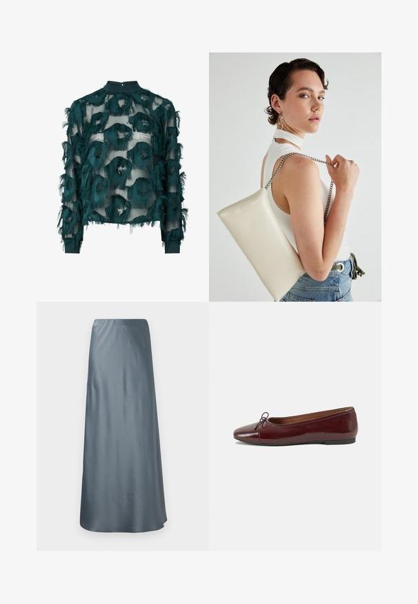 Teal sheer blouse featuring textured, frayed circular patterns, high neckline, and long sleeves with a straight hem. Back keyhole closure.; Long, A-line skirt in a soft, satin gray fabric. Features an elastic waistband and a smooth, flowing texture with no visible patterns.; Burgundy patent leather ballet flat with a rounded toe, small bow accent at the front, and a low, black rubber sole. Smooth texture.; White rectangular clutch bag made of glossy material, featuring a silver chain strap. Model poses, showcasing the bag against a plain background.