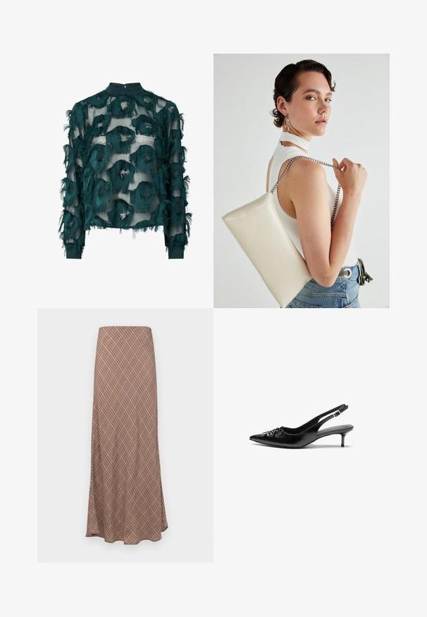 Tyrkysová priesvitná blúzka s textúrovanými, roztrhnutými kruhovými vzormi, vysokým výstrihom a dlhými rukávmi s rovnomerným lemom. Zapínanie na kľúčovú dierku na chrbte.; Dlhá, rozšírená sukňa s hnedým geometrickým vzorom, s hladkou textúrou a elastickým pásom pre pohodlie.; Čierne kožené slingback podpätky s ostrou špičkou, malým podpatkom a dekoratívnym uzlom vpredu. Hladký povrch po celom obvode.; Biely obdĺžnikový kabelka z lesklého materiálu s strieborným reťazovým popruhom. Model predvádza kabelku na jednotnom pozadí.