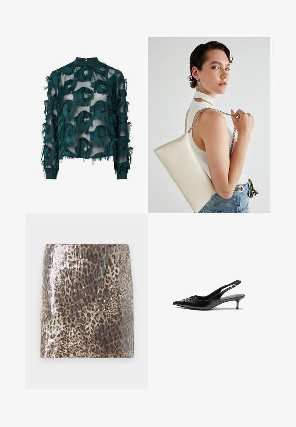 Mėlynos spalvos skaidri palaidinė su tekstūruotais, suplėšytais apvaliais raštais, aukštu kaklu ir ilgomis rankovėmis su tiesia apačia. Nugaros užsegimas su keyhole detalėmis.; Leopardų rašto mini sijonas, pagamintas iš tekstūruoto audinio, papuoštas sidabro spalvos blizgučiais, kurie pabrėžia gyvūno raštą, su prigludusia siluetu.; Juodos odinės slingback aukštakulniai su smailiu nosiu, mažais katės kulnais ir dekoratyvine mazgo detale priekyje. Visas paviršius lygus.; Balta, stačiakampio formos rankinė pagaminta iš blizgaus medžiagos, su sidabriniu virvute. Modelis pozavo, demonstruodamas rankinę prieš paprastą foną.