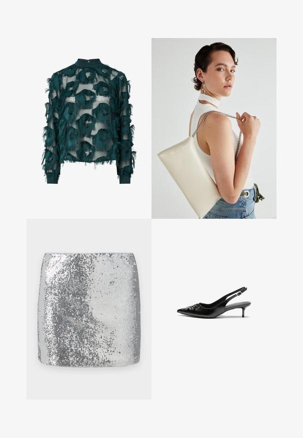 Blusa de tul azul verdoso con patrones circulares texturizados y deshilachados, escote alto y mangas largas con dobladillo recto. Cierre en la parte posterior con forma de ojal.; Mini falda plateada con lentejuelas que presenta un diseño ajustado y una textura suave, reflejando la luz en su superficie para una apariencia brillante.; Tacones slingback de cuero negro con punta afilada, pequeño tacón kitten y un detalle de nudo decorativo en la parte frontal. Textura suave en toda la superficie.; Bolso de mano rectangular blanco, hecho de un material brillante, con una cadena plateada. La modelo posa, mostrando el bolso frente a un fondo liso.