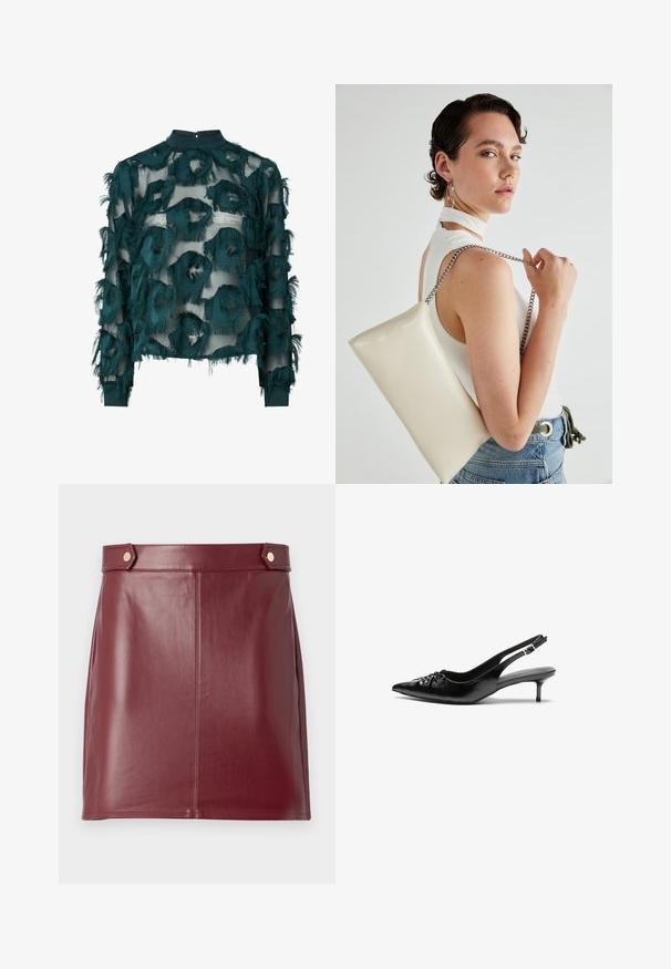 Blouse en tulle teal avec des motifs circulaires texturés et effilochés, col haut et manches longues avec un ourlet droit. Fermeture au niveau de la nuque par un trou clé.; Jupe mini en cuir bordeaux avec une texture lisse, présentant un design ajusté, des panneaux latéraux et deux boutons dorés au niveau de la taille.; Des escarpins en cuir noir à talon slingback, avec un bout pointu, un petit talon kitten et un détail de nœud décoratif à l'avant. Texture lisse sur toute la surface.; Pochette rectangulaire blanche en matériau brillant, avec une bandoulière en chaîne argentée. Le modèle pose en mettant en valeur le sac contre un fond uni.