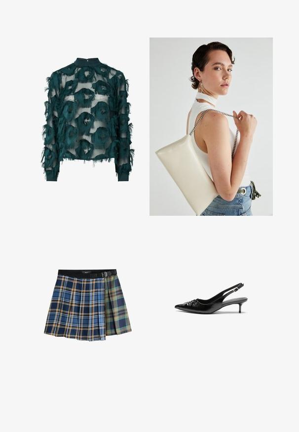 Blusa de tul azul verdoso con patrones circulares texturizados y deshilachados, escote alto y mangas largas con dobladillo recto. Cierre en la parte posterior con forma de ojal.; Mini falda plisada con patrones de cuadros de dos tonos en azul, naranja, verde y azul marino, que presenta una cinturilla negra y un cinturón con hebilla.; Tacones slingback de cuero negro con punta afilada, pequeño tacón kitten y un detalle de nudo decorativo en la parte frontal. Textura suave en toda la superficie.; Bolso de mano rectangular blanco, hecho de un material brillante, con una cadena plateada. La modelo posa, mostrando el bolso frente a un fondo liso.