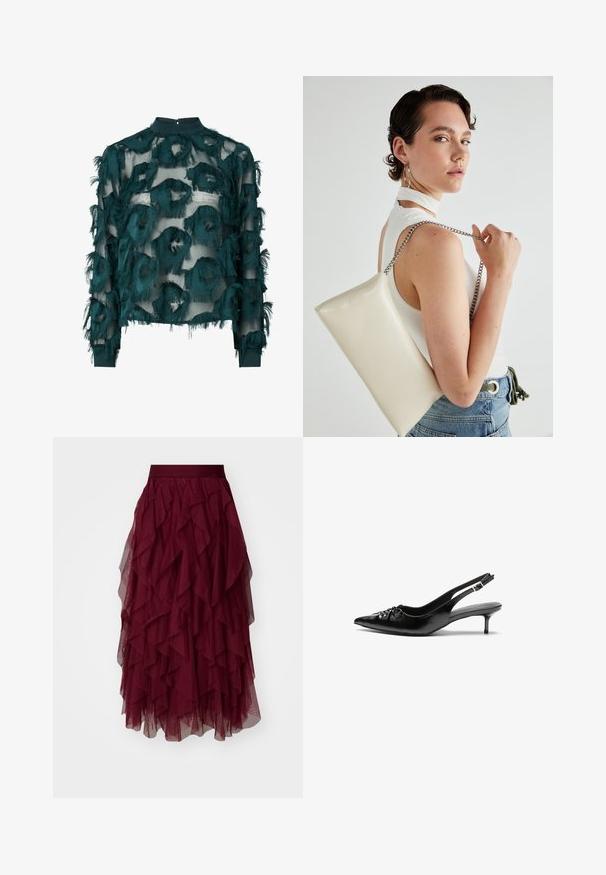 Blusa de tul azul verdoso con patrones circulares texturizados y deshilachados, escote alto y mangas largas con dobladillo recto. Cierre en la parte posterior con forma de ojal.; Falda de tul burdeos con múltiples volantes en capas, una cinturilla ancha y una silueta fluida. Tela ligera y texturizada que realza el movimiento.; Tacones slingback de cuero negro con punta afilada, pequeño tacón kitten y un detalle de nudo decorativo en la parte frontal. Textura suave en toda la superficie.; Bolso de mano rectangular blanco, hecho de un material brillante, con una cadena plateada. La modelo posa, mostrando el bolso frente a un fondo liso.