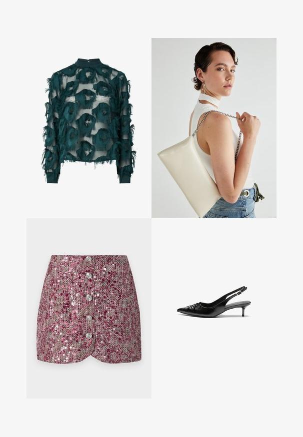 Türkise durchsichtige Bluse mit strukturierten, ausgefransten kreisförmigen Mustern, hohem Halsausschnitt und langen Ärmeln mit geradem Saum. Mit Schlüsselaugenverschluss im Rücken.; Rosa Paillettenrock mit strukturiertem Gewebe, mit körperbetontem Schnitt und fünf silbernen Knöpfen auf der Vorderseite. Formgesäumt mit schimmernden Akzenten.; Schwarze Leder-Slingback-Absätze mit einer spitzen Zehenform, kleinen Kitten-Absätzen und einem dekorativen Knoten-Detail auf der Vorderseite. Glatte Textur über die gesamte Fläche.; Weiße rechteckige Clutch aus glänzendem Material mit einem silbernen Kettenriemen. Das Model posiert und präsentiert die Tasche vor einem schlichten Hintergrund.