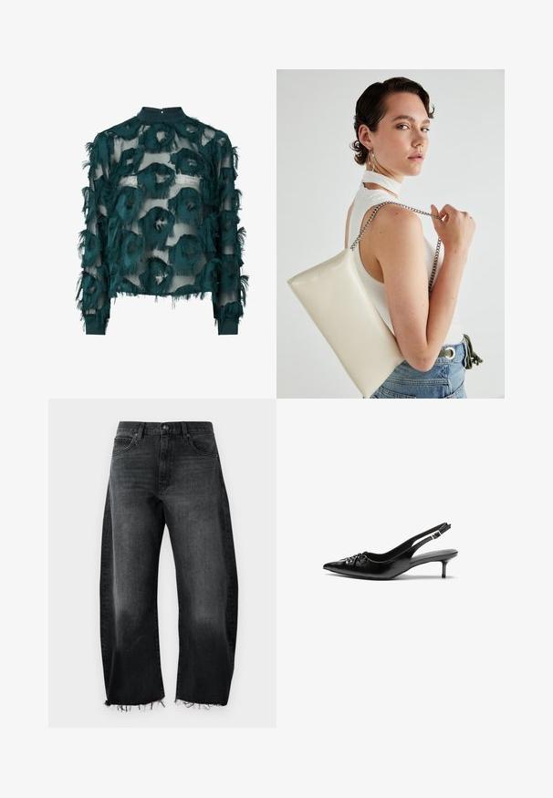 Blusa trasparente in teal con motivi circolari testurizzati e sfrangiati, scollatura alta e maniche lunghe con orlo dritto. Chiusura a chiave sul retro.; Jeans in denim neri con un design a gamba larga, orlo sfilacciato, cinque tasche e una leggera scoloritura; realizzati in robusto cotone.; Tacchi slingback in pelle nera con punta affusolata, piccolo tacco kitten e un dettaglio a nodo decorativo sulla parte anteriore. Texture liscia su tutta la superficie.; Borsa a pochette rettangolare bianca realizzata in materiale lucido, con una tracolla in catena argentata. Il modello posa, mostrando la borsa su uno sfondo semplice.