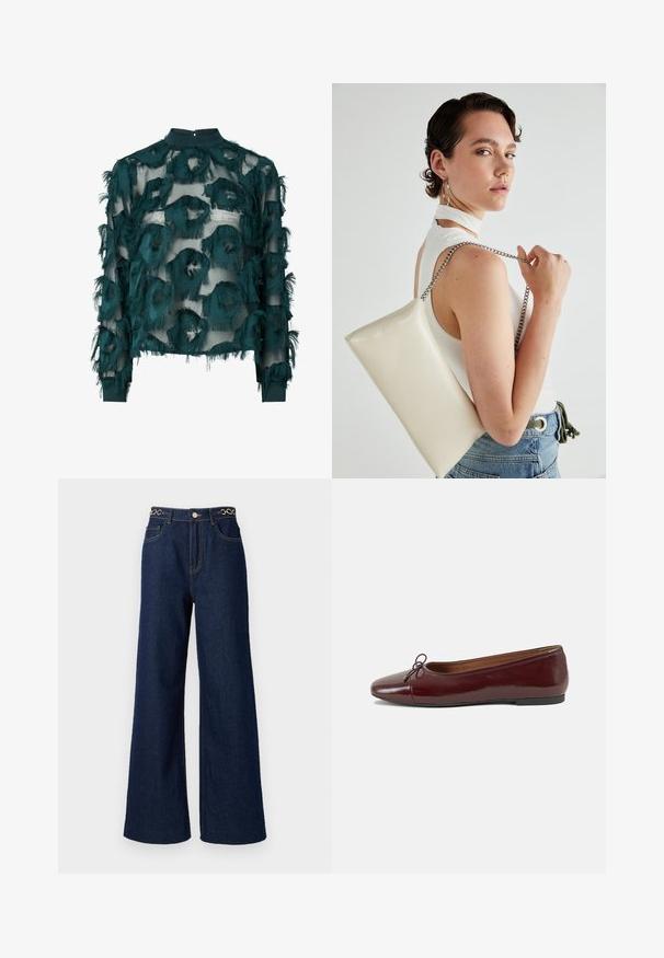 Teal gjennomsiktig bluse med teksturerte, flisede sirkulære mønstre, høy hals og lange ermer med rett avslutning. Bakre nøkkelhulls lukking.; Viddebenede mørkeblå denimjeans har høy midje, gullkjede-detaljer i livet og kontrasterende stingdetaljer gjennom hele.; Burgunderrød lakk lær ballettleilighet med rund tå, liten sløyfe foran og en lav, svart gummisåle. Glatt tekstur.; Hvit rektangulær clutch-veske laget av blankt materiale, med en sølvkjede-stropp. Modellen poserer og viser vesken mot en ensfarget bakgrunn.