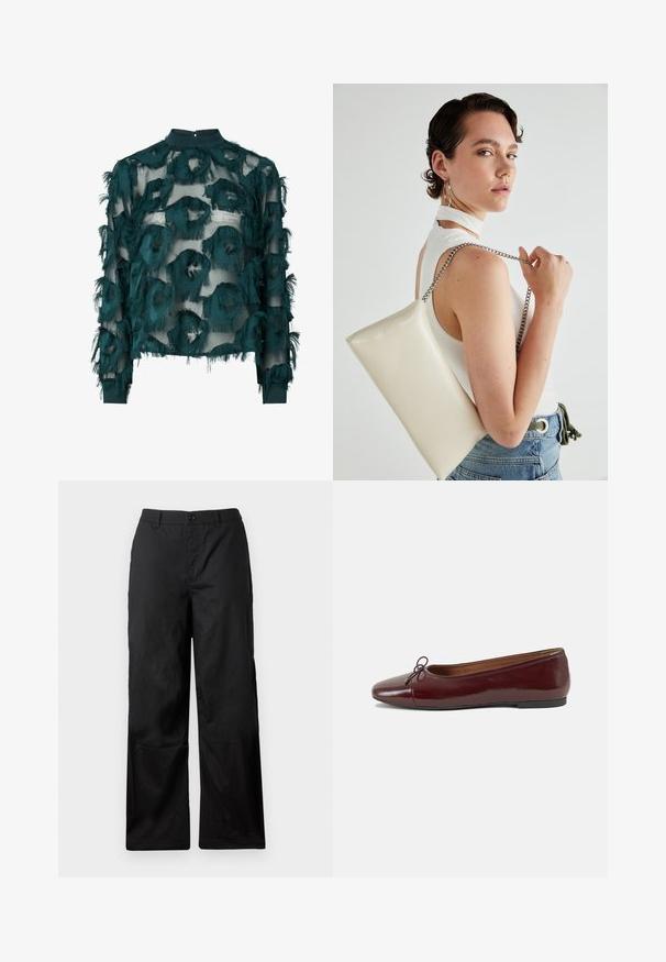 Teal gjennomsiktig bluse med teksturerte, flisede sirkulære mønstre, høy hals og lange ermer med rett avslutning. Bakre nøkkelhulls lukking.; Sorte, vide bukser laget av glatt stoff. Har knappelukking og beltestropper. Ingen synlige mønstre eller accenter.; Burgunderrød lakk lær ballettleilighet med rund tå, liten sløyfe foran og en lav, svart gummisåle. Glatt tekstur.; Hvit rektangulær clutch-veske laget av blankt materiale, med en sølvkjede-stropp. Modellen poserer og viser vesken mot en ensfarget bakgrunn.