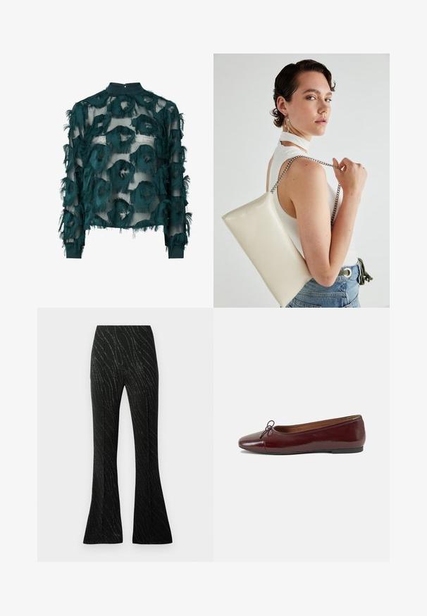 Teal gjennomsiktig bluse med teksturerte, flisede sirkulære mønstre, høy hals og lange ermer med rett avslutning. Bakre nøkkelhulls lukking.; Sorte flagrende bukser laget av stoff med en myk tekstur, med et bølgete sølvtrådsmønster gjennom hele. Skreddersydd passform med frontfeller.; Burgunderrød lakk lær ballettleilighet med rund tå, liten sløyfe foran og en lav, svart gummisåle. Glatt tekstur.; Hvit rektangulær clutch-veske laget av blankt materiale, med en sølvkjede-stropp. Modellen poserer og viser vesken mot en ensfarget bakgrunn.