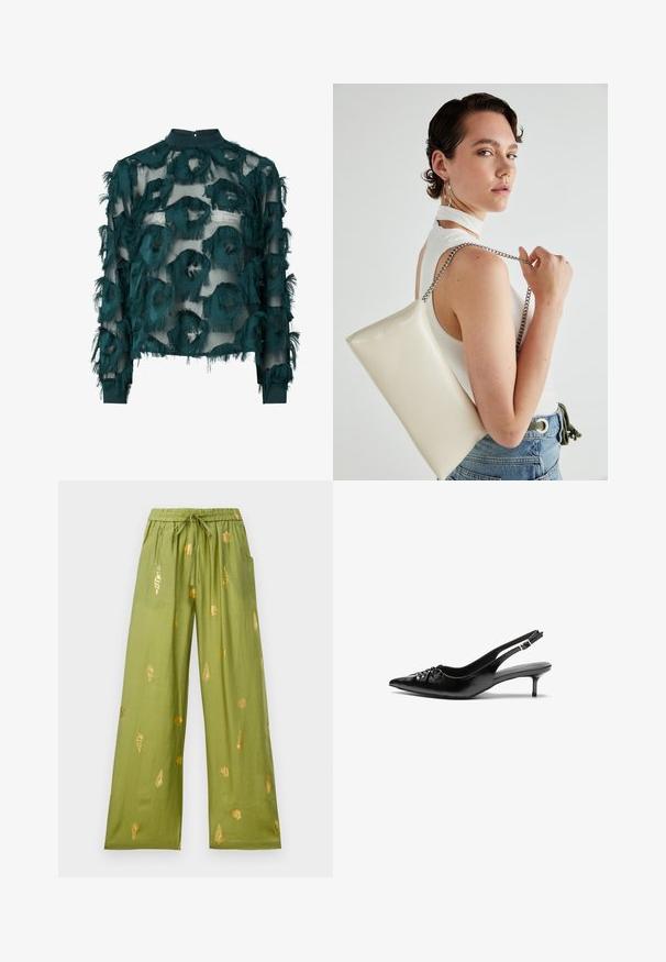 Turkizna prosojna bluzica s teksturiranim, izfrcanim okruglim uzorcima, visokim ovratnikom i dugim rukavima s ravnim rubom. Zatvaranje na ključanici na leđima.; Široke olivno zelene hlače z elastičnim pasom in vrvico, okrašene z zlatimi vzorci školjk in vetrnic.; Črne usnjene slingback pete z izostrenim nosom, majhno mačje peto in okrasno vozličasto podrobnostjo na sprednjem delu. Gladka tekstura po celotni površini.; Bela pravokotna torbica za ključe iz sijajnega materiala, opremljena s srebrno verižico. Model pozira in prikazuje torbico na enobarvni podlagi.