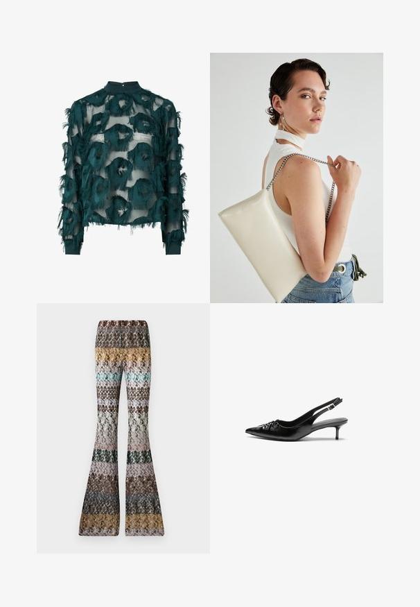 Tyrkysová priesvitná blúzka s textúrovanými, roztrhnutými kruhovými vzormi, vysokým výstrihom a dlhými rukávmi s rovnomerným lemom. Zapínanie na kľúčovú dierku na chrbte.; Pletené rozšírené nohavice s viacfarebnými horizontálnymi pruhmi v zemitých odtieňoch, vrátane horčicovej, tyrkysovej, hnedej, čiernej, ružovej a šedej.; Čierne kožené slingback podpätky s ostrou špičkou, malým podpatkom a dekoratívnym uzlom vpredu. Hladký povrch po celom obvode.; Biely obdĺžnikový kabelka z lesklého materiálu s strieborným reťazovým popruhom. Model predvádza kabelku na jednotnom pozadí.