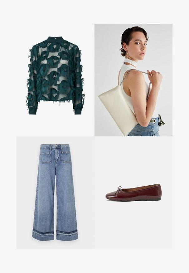 Tirkīza plāna blūze ar tekstūrētu, saplaisājušu apļveida rakstu, augstu apkakli un garām piedurknēm ar taisnu apakšmalu. Aizmugurējā atslēgas cauruma aizdare.; Gaiši zili džinsu platās kājas bikses ar augstu jostasvietu, divām aizmugurējām kabatām un kontrastējošiem šuvumiem pie apakšmalām.; Burgundijas laku ādas baleta kurpes ar noapaļotu purngalu, nelielu loku akcentu priekšā un zemu melnu gumijas zoli. Gluda tekstūra.; Balts taisnstūra clutch soma, izgatavota no spīdīga materiāla, ar sudraba ķēdes siksnu. Modelis pozē, demonstrējot somu uz vienkārša fona.