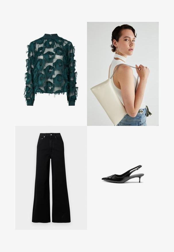 Soehken vähese läbipaistvusega särk, millel on tekstuurilised, lagedad ringikujulised mustrid, kõrge kaelus ja pikad varrukad sirge alusega. Tagumine tipp sulguri kinnitusega.; Mustad laia säärega teksad, mis on tehtud deniimist, kõrge vöökoht, viis taskut, esikinnitus nööbiga ja minimaalsed õmblused.; Musthave nahkased kõrged kontsad, millel on terav varvas, väike kitten-kont ja dekoratiivne sõlm ees. Ühtlane sile tekstuur.; Valge ristkülikuline kotti, mis on valmistatud läikivast materjalist, hõbedase ahelsangaga. Mudel poseerib, tutvustades kotti ühtlase taustaga.