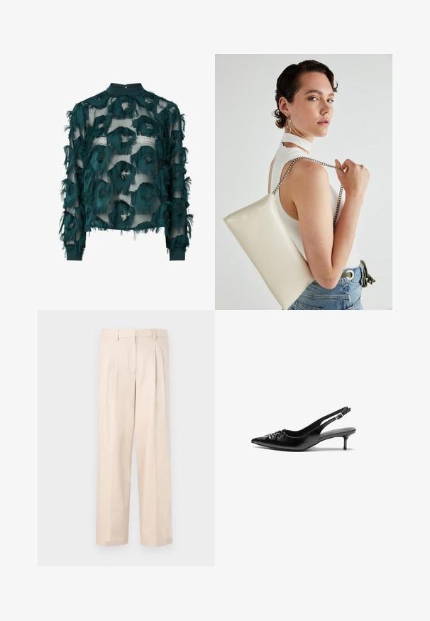 Teal läpinäkyvä paita, jossa on teksturoituja, repaleisia pyöreitä kuvioita, korkealla kaula-aukolla ja pitkillä hihoilla, joissa on suora helma. Takana nappikiinnitys.; Beige housut, joissa on laskokset, valmistettu sileästä kankaasta. Ominaisuuksiin kuuluu vyötärö, jossa on vyölenkit, ja suora lahjetyyppi, ilman näkyviä taskuja.; Mustat nahkaiset slingback-korkokengät, joissa on terävä kärki, pieni kitten-korko ja koristeellinen solki edessä. Yksinkertainen pinta kauttaaltaan.; Valkoinen suorakulmainen clutch-laukku, joka on valmistettu kiiltävästä materiaalista ja jossa on hopeinen ketjuolkahihna. Malli poseeraa laukku käsivarsillaan yksinkertaista taustaa vasten.