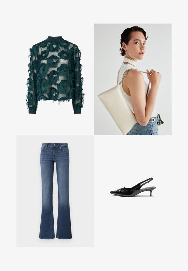 Zöldes-kék áttetsző blúz texturált, bolyhos körívekkel, magas nyakkivágással és hosszú ujjal, egyenes alsó résszel. Hátul gombos záródással.; Szatén kék farmer, közepes mosással, öt zsebbel és cipzárral, gombos záródással. Sima textúra.; Fekete bőrből készült slingback magassarkú cipők hegyes orral, kis francia sarokkal és díszes csomóval az elején. Az egész felületen sima textúra.; Fehér, téglalap alakú, fényes anyagból készült clutch táska, ezüst láncos pánttal. A modell pózol, bemutatva a táskát egy egyszínű háttér előtt.