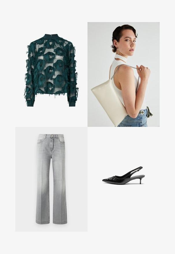 Blusa de tul azul verdoso con patrones circulares texturizados y deshilachados, escote alto y mangas largas con dobladillo recto. Cierre en la parte posterior con forma de ojal.; Jeans de pierna ancha grises de denim, con un aspecto desgastado, bolsillos frontales y cierre de botón. Textura suave y costuras uniformes.; Tacones slingback de cuero negro con punta afilada, pequeño tacón kitten y un detalle de nudo decorativo en la parte frontal. Textura suave en toda la superficie.; Bolso de mano rectangular blanco, hecho de un material brillante, con una cadena plateada. La modelo posa, mostrando el bolso frente a un fondo liso.