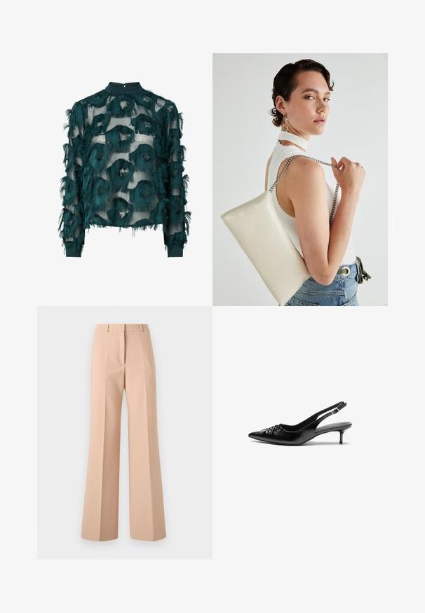 Teal prozirna bluza s teksturiranim, izfrcanim kružnim uzorcima, visokim ovratnikom i dugim rukavima s ravnim rubom. Zatvaranje na leđima s rupom.; Bež hlače visokog struka s širokim nogavicama. Izrađene od glatkog materijala, s prednjim nabranjima i urednim pojasom.; Crne kožne sandale na petu s ikkrenim nosom, malom kitten petom i dekorativnom mašnom sprijeda. Glatka tekstura svuda.; Bijela pravokutna torbica s kopčanjem, izrađena od sjajnog materijala, s srebrnim lančićem. Model pozira, prikazujući torbicu na jednostavnoj pozadini.