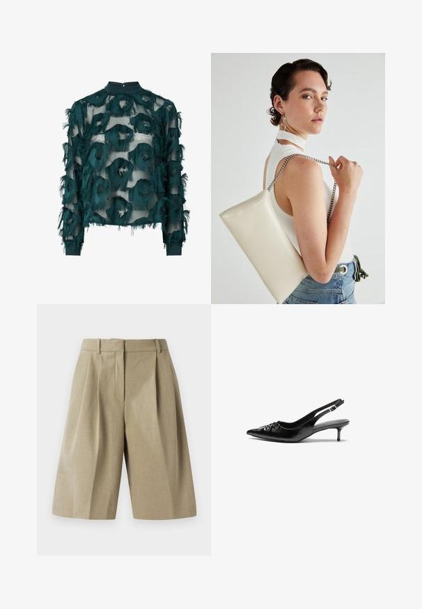 Turkusowa, przezroczysta bluzka z teksturowanymi, postrzępionymi okrągłymi wzorami, z wysokim dekoltem i długimi rękawami z prostym wykończeniem. Zamek na plecach w kształcie łezki.; Beżowe dopasowane szorty z plisowanym wzorem, wykonane z lekkiego materiału. Posiadają elastyczny pasek i głębokie przednie kieszenie.; Czarne skórzane szpilki na ramiączku z ostrym noskiem, małym słupkiem i ozdobnym węzłem z przodu. Gładka faktura na całej powierzchni.; Biała prostokątna kopertówka wykonana z błyszczącego materiału, z srebrnym łańcuszkiem. Modelka pozuje, prezentując torebkę na jednolitym tle.