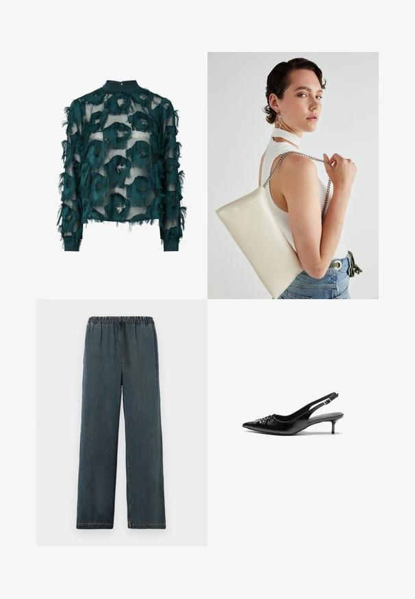 Tyrkysová průhledná blůza s texturovanými, třepenými kruhovými vzory, vysokým výstřihem a dlouhými rukávy se rovnými lemy. Zadní uzávěr s klíčovou dírou.; Tmavě modré džínové kalhoty s elastickým pasem a stahovací šňůrkou. Široký střih nohavic s obrubami a hladkým, strukturovaným povrchem.; Černé kožené lodičky na slingback s špičatou špičkou, malým podpatkem typu kitten a ozdobným uzlem na přední straně. Hladký povrch po celém obvodu.; Bílá obdélníková psaníčko vyrobené z lesklého materiálu, se stříbrným řetízkovým popruhem. Modelka pózuje a předvádí tašku na jednobarevném pozadí.