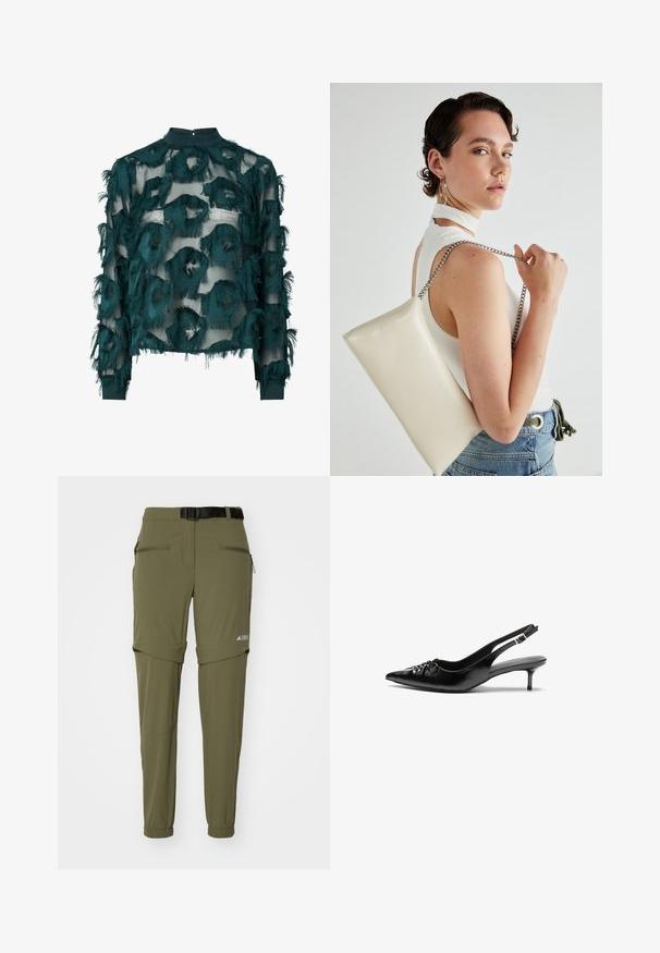 Tyrkysová priesvitná blúzka s textúrovanými, roztrhnutými kruhovými vzormi, vysokým výstrihom a dlhými rukávmi s rovnomerným lemom. Zapínanie na kľúčovú dierku na chrbte.; adidas Terrex UTILITAS - Outdoorové nohavice - olive strata; Čierne kožené slingback podpätky s ostrou špičkou, malým podpatkom a dekoratívnym uzlom vpredu. Hladký povrch po celom obvode.; Biely obdĺžnikový kabelka z lesklého materiálu s strieborným reťazovým popruhom. Model predvádza kabelku na jednotnom pozadí.