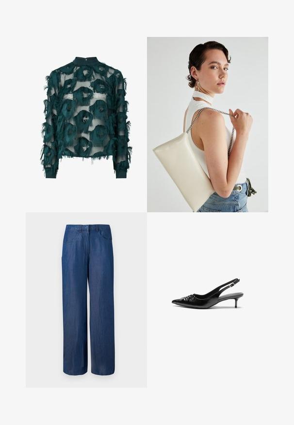 Mėlynos spalvos skaidri palaidinė su tekstūruotais, suplėšytais apvaliais raštais, aukštu kaklu ir ilgomis rankovėmis su tiesia apačia. Nugaros užsegimas su keyhole detalėmis.; Tamsiai mėlynos plačios kojų džinsinės kelnės. Pagamintos iš medvilnės, turinčios sklandžią tekstūrą. Įrengtos dviem priekinėmis kišenėmis ir užsegamos mygtuku juosmens srityje.; Juodos odinės slingback aukštakulniai su smailiu nosiu, mažais katės kulnais ir dekoratyvine mazgo detale priekyje. Visas paviršius lygus.; Balta, stačiakampio formos rankinė pagaminta iš blizgaus medžiagos, su sidabriniu virvute. Modelis pozavo, demonstruodamas rankinę prieš paprastą foną.