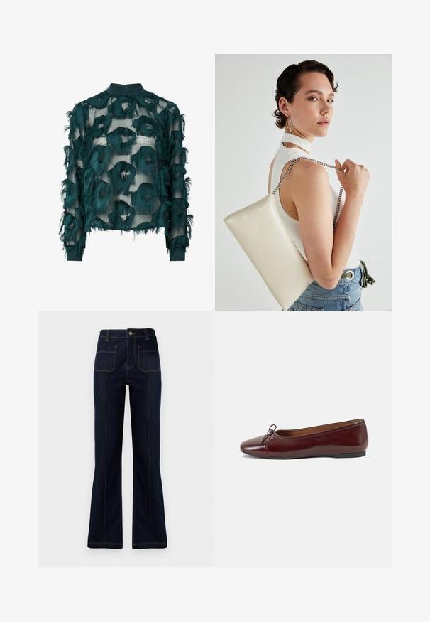 Tyrkysová priesvitná blúzka s textúrovanými, roztrhnutými kruhovými vzormi, vysokým výstrihom a dlhými rukávmi s rovnomerným lemom. Zapínanie na kľúčovú dierku na chrbte.; Tmavomodré rozšírené džínsy vyrobené z denimu, s vysokým pásom, dvomi zadnými vreckami a viditeľným prešívaním pozdĺž švov.; Burgundské lakované balerínky s okrúhlou špičkou, malou mašľou na prednej strane a nízkou čiernou gumovou podrážkou. Hladký povrch.; Biely obdĺžnikový kabelka z lesklého materiálu s strieborným reťazovým popruhom. Model predvádza kabelku na jednotnom pozadí.