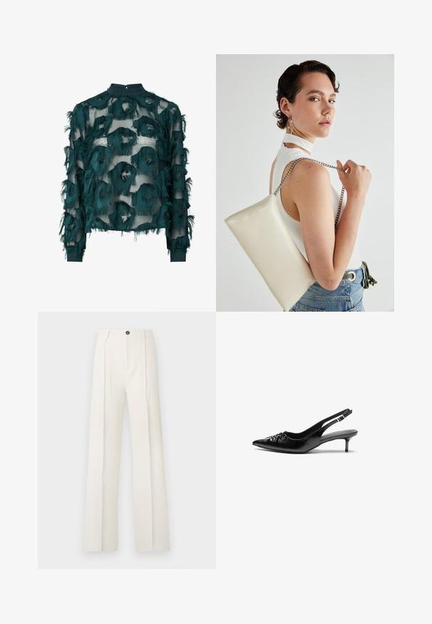 Teal gennemsigtig bluse med teksturerede, frynset cirkulære mønstre, høj halsudskæring og lange ærmer med lige kant. Bageste nøglehulslukning.; Hvide, brede bukser med høj talje, der har to frontfolder, en enkelt knaplukning og lommer. Glat stoftekstur.; Sorte læderslippers med spidse tæer, lille kitten hæl og en dekorativ knude detalje foran. Glat tekstur hele vejen rundt.; Hvid rektangulær clutch-taske lavet af skinnende materiale, med en sølv kædetransport. Modellen poser, mens hun fremviser tasken mod en ensfarvet baggrund.
