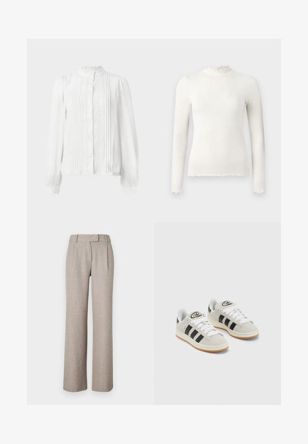 Bílá blůza s vysokým límcem, zapínáním na knoflíky, sklady vpředu a krajkovými lemy na rukávech. Vyrobena z lehkého materiálu.; Bílý dlouhý rukáv pletený rolák s řaseným límcem a třepícími se okraji. Hladká textura, přiléhavý střih.; Krémové ušité kalhoty z texturované látky, s přímým střihem a předními sklady. Žádné viditelné kovové prvky nebo vzory.; Šedé semišové tenisky s bílými tkaničkami, černými pruhy a bílou gumovou podrážkou. Mají kulaté logo na jazyku a gumovou podrážku.
