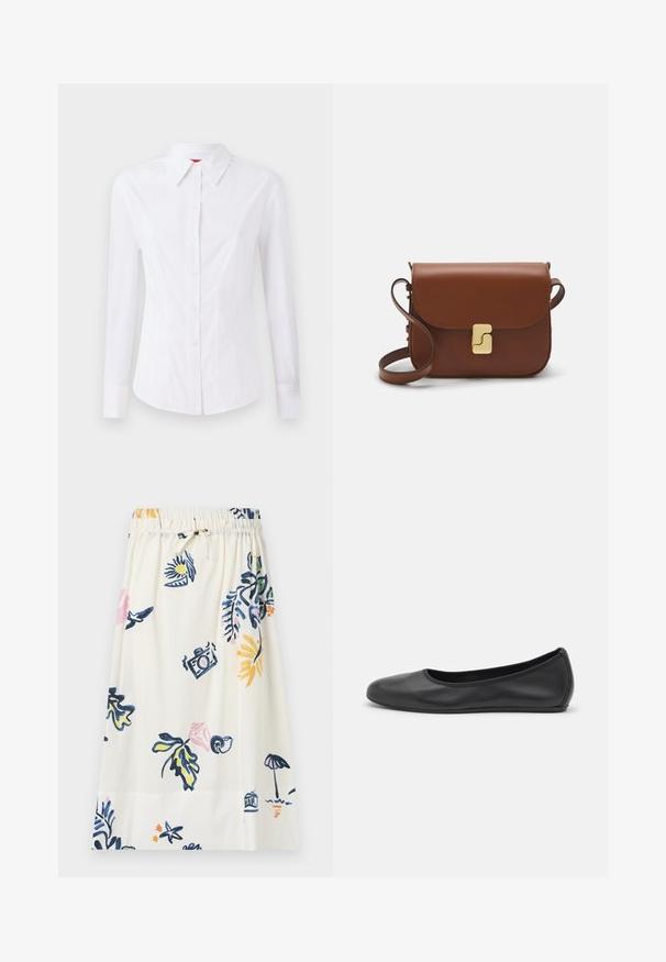Hvid langærmet skjorte med spids krave, frontlukning med knapper og tætsiddende design. Glat bomuldsstof med subtile syninger.; Hvid knælang nederdel med et blomster- og ikonografisk print i blå, pink og gul. Elastisk talje med bindebånd.; Sort læderballetsko med rund tå, glat tekstur, minimal syning og et fleksibelt såldesign.; Brun læder håndtaske med flaplukning, hardware i gyldent tone, en skulderrem og en glat overflade. Kompakt rektangulær form.