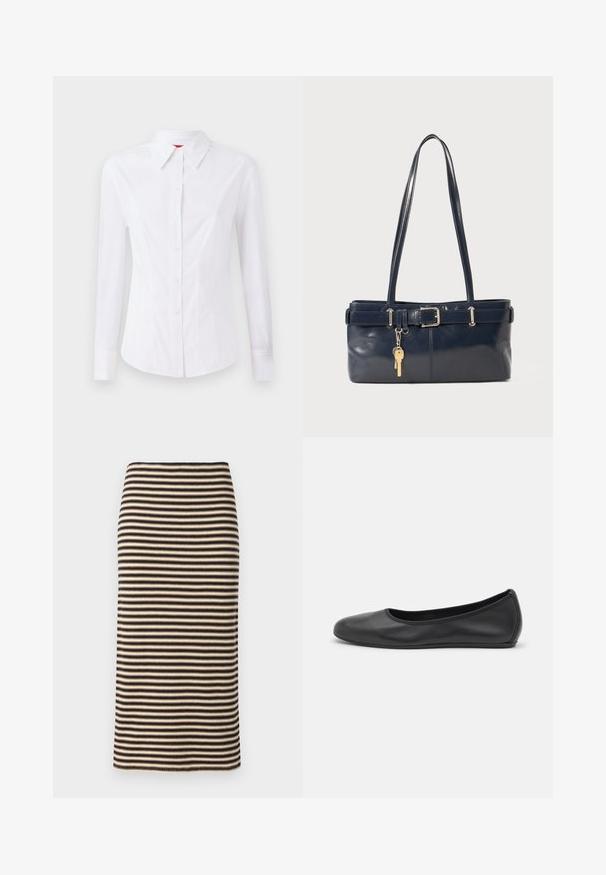 Valge pikkade varrukatega särk terava kraega, ees nupuga kinnitatud ja keha lähedalt lõigatud. Sile puuvillane kangas peente õmblusdetailidega.; Kootud pliiatsiseelik horisontaalsete mustade ja beežide triipudega, millel on istuv siluett ja sile tekstuur. Ümbris on sirge ja puhas.; Musthave mustika tantsutossud mustast nahast, ümmarguse varbaga, siledast tekstuurist, minimaalse õmblusdetailiga ja paindliku tallakujundusega.; Tumedast nahast käekott kahe pika käepidemega, pandla detailiga ja võtmehoidjaga. Omab siledat tekstuuri ja ristkülikukujulist vormi.