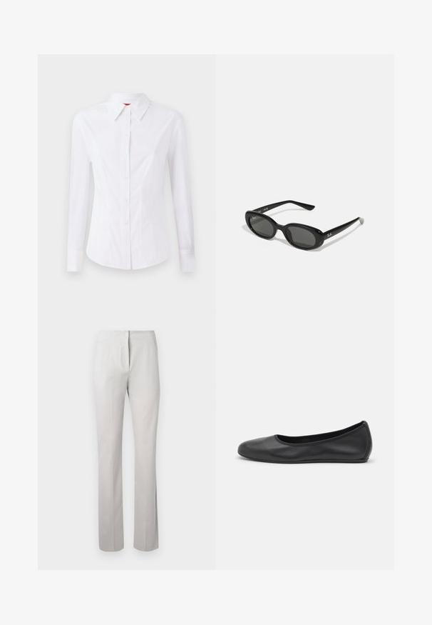 Biała koszula z długim rękawem, z wywijanym kołnierzykiem, z zamykaniem na guziki z przodu i dopasowanym krojem. Gładki materiał bawełniany z subtelnymi detalami w szwie.; Jasnoszare, dopasowane spodnie o gładkiej fakturze, prostym kroju nogawkowym i średnim wzroście. Zawierają zamek błyskawiczny z przodu oraz boczne kieszenie.; Czarne skórzane baletki z zaokrąglonym noskiem, gładką fakturą, minimalnymi przeszyciami i elastycznym designem podeszwy.; Czarne okulary przeciwsłoneczne z owalnymi soczewkami, błyszcząca plastikowa oprawa i smukłe zauszniki. Posiadają białe logo Ray-Ban po boku.