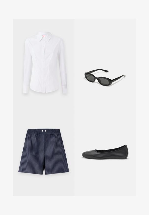 Balta garām piedurknēm krekls ar norādītu apkakli, priekšējo pogu aizdari un pieguļošu piegriezumu. Viegla kokvilnas auduma ar smalkiem šuvju akcentiem.; Jūras zila svītraina šortus ar elastīgu jostasvietu, priekšpusē ar diviem baltiem pogām, izgatavoti no viegla auduma.; Melna ādas baleta kurpe ar noapaļotu purngalu, gludu tekstūru, minimālu šuvju detalizāciju un elastīgu zoles dizainu.; Melnas saulesbrilles ar ovālām lēcām, spīdīga plastmasas kārba un tievām kājām. Sānos ir redzams Ray-Ban logo baltā krāsā.