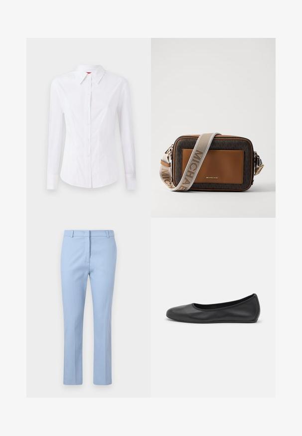 Fehér, hosszú ujjú ing, hegyes gallérral, elöl gombos záródással és szűkített fazonnal. Sima pamut anyag, finom varrási részletekkel.; Világoskék szabott nadrág sima elülső résszel, két oldalsó zsebbel és karcsú szabással, sima textúrával.; Fekete bőr balettcipő lekerekített orral, sima tekstúrával, minimális varrással és rugalmas talp kialakítással.; Barna bőr és monogramos vászon keresztpántos táska arany logóval, kontrasztos világosbarna kiegészítővel és texturált szövet pánttal.
