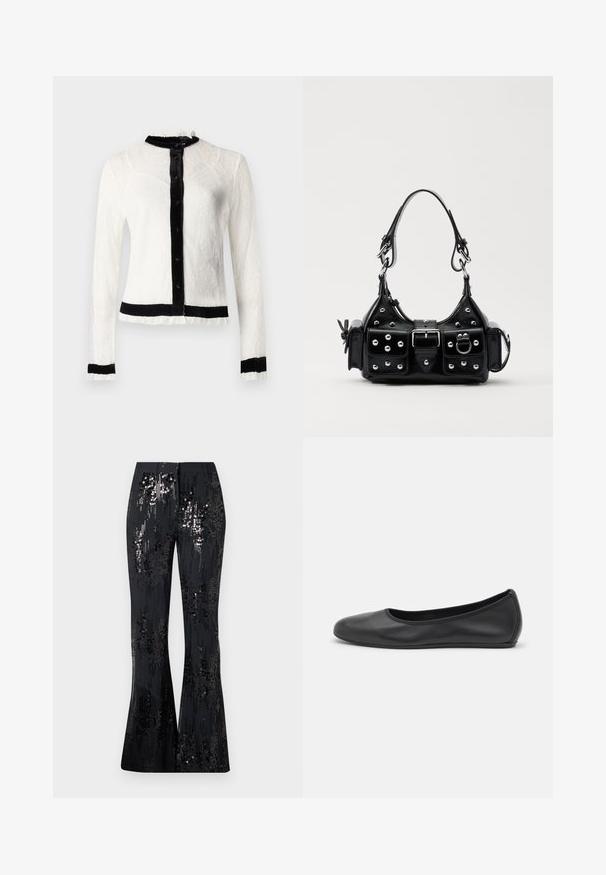 Fehér csipke, hosszú ujjú blúz fekete bársony gallérral és gombos pánttal; fodros szélekkel és egyetlen fekete derékkal rendelkezik.; The Kooples PANTALON SEUL - Nadrágok - black; Fekete bőr balettcipő lekerekített orral, sima tekstúrával, minimális varrással és rugalmas talp kialakítással.; Fekete bőr kézitáska ívelt designnal, ezüst szegecsekkel, csattal és két oldalsó zsebbel. Állítható vállpánt a hordozási lehetőségekhez.